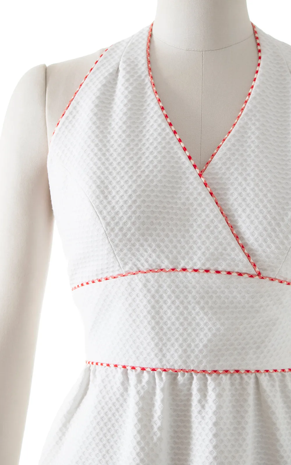 1970s Gingham Floral 3D Cotton Halter Maxi Dress | small