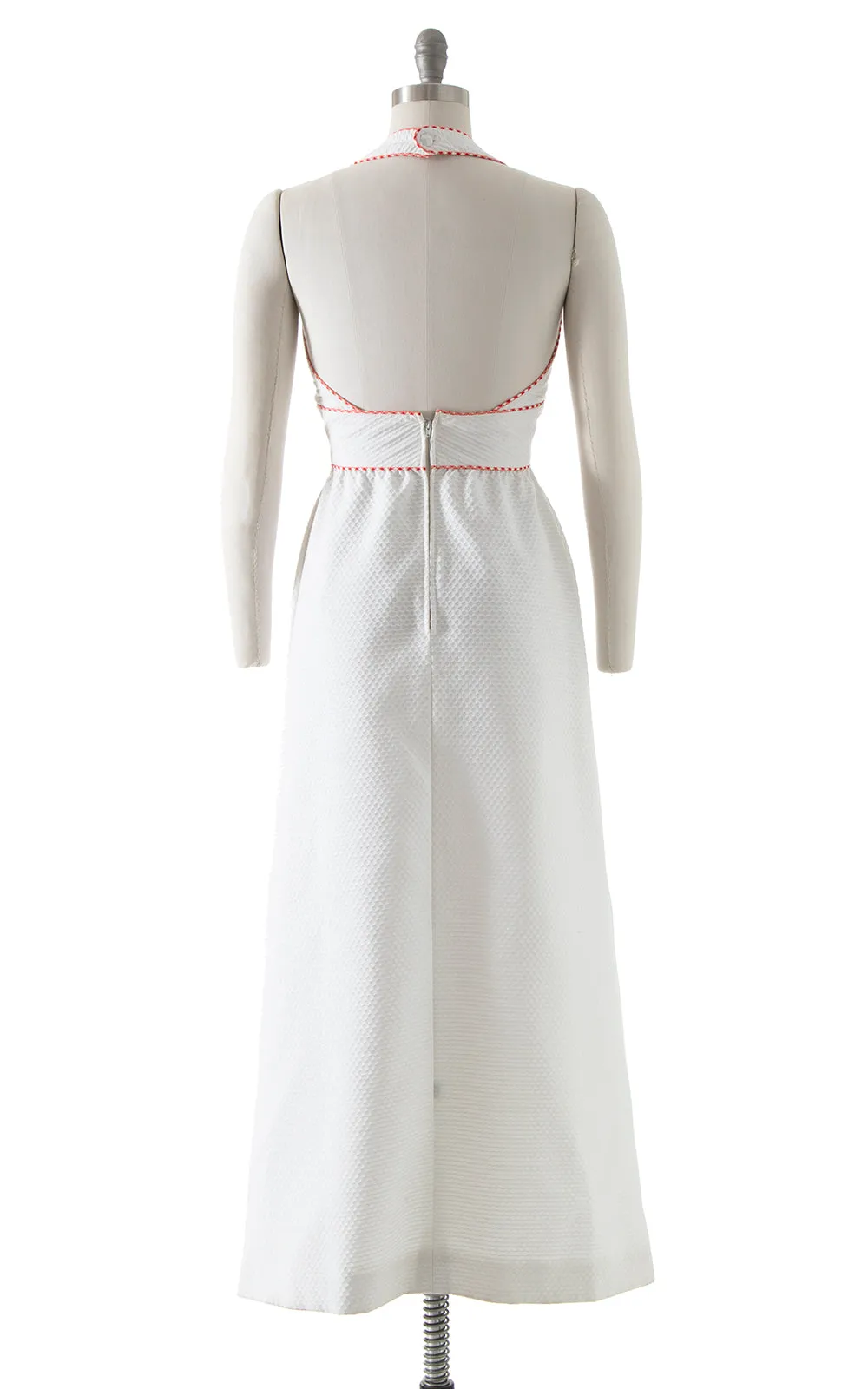 1970s Gingham Floral 3D Cotton Halter Maxi Dress | small