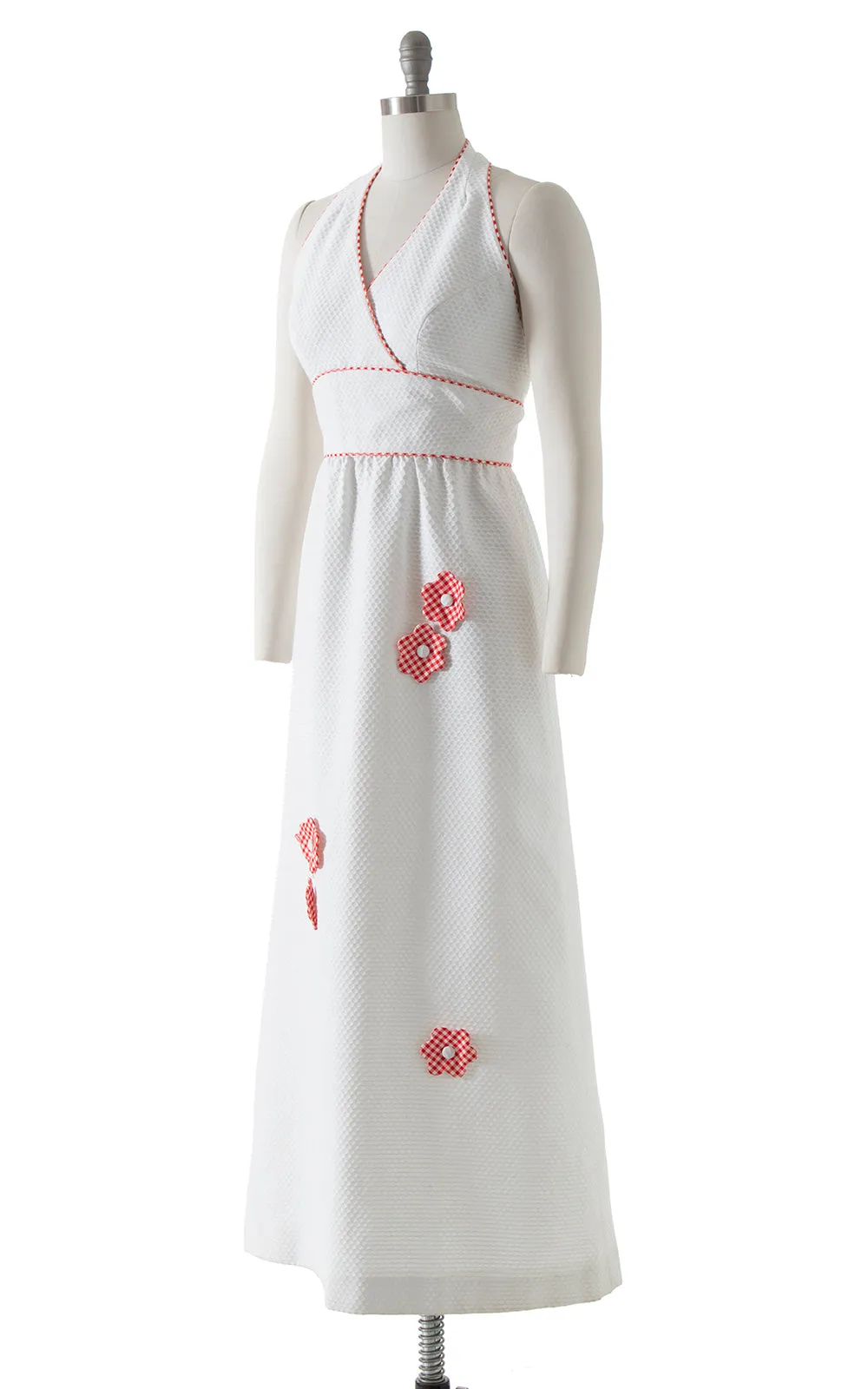 1970s Gingham Floral 3D Cotton Halter Maxi Dress | small
