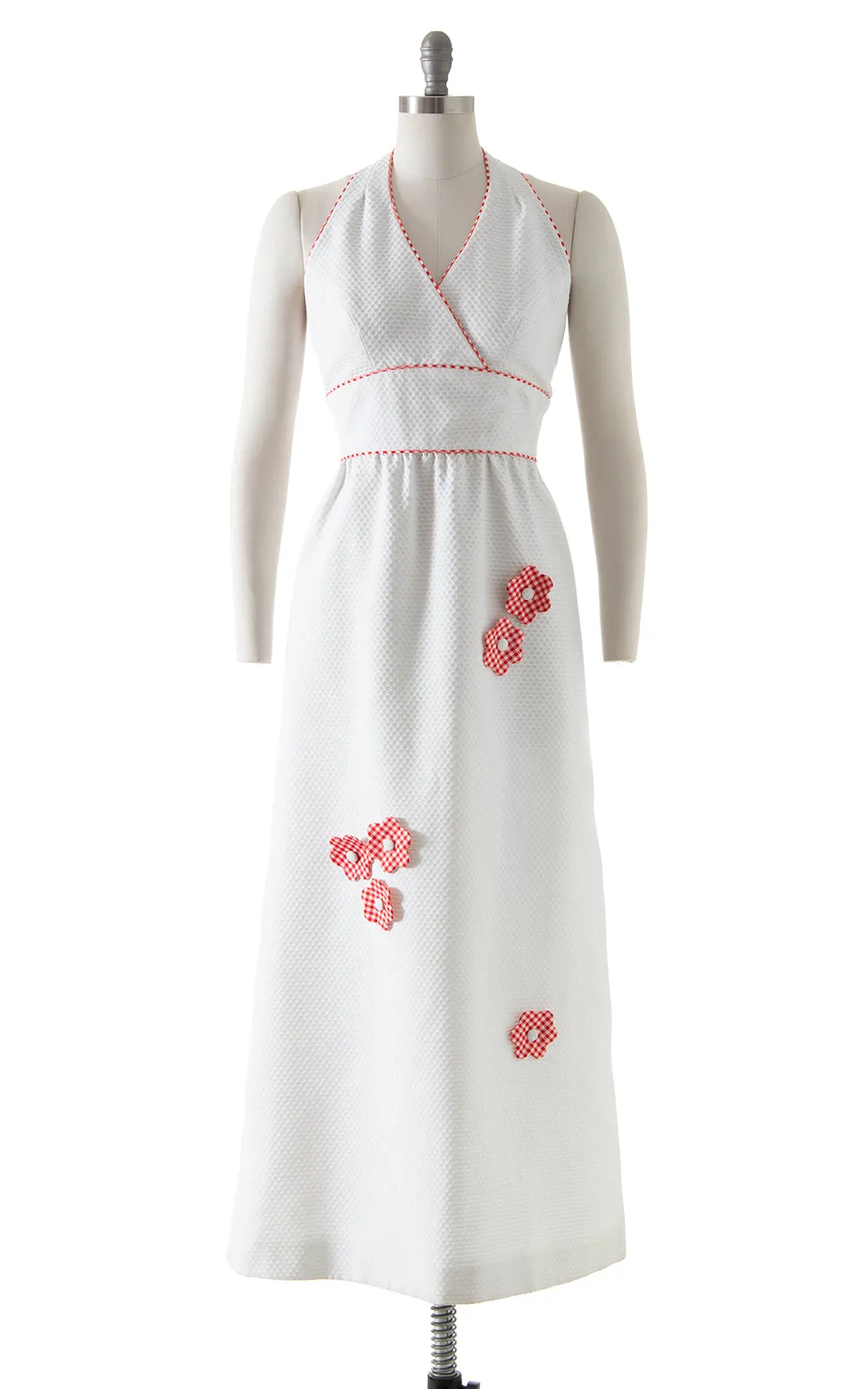 1970s Gingham Floral 3D Cotton Halter Maxi Dress | small