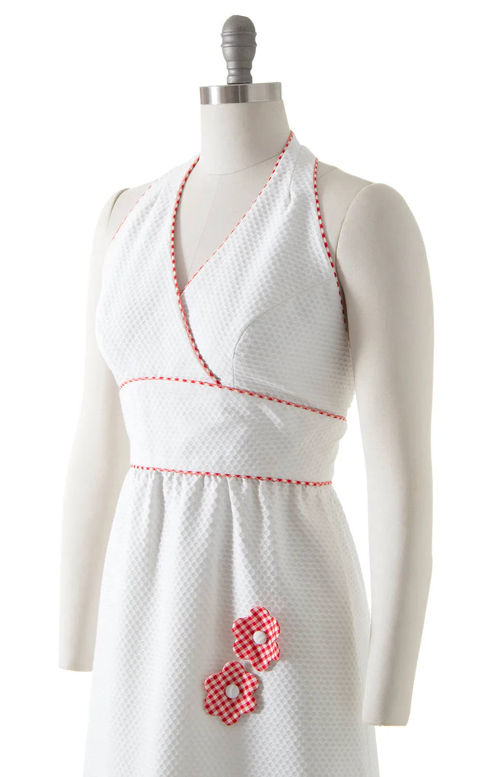 1970s Gingham Floral 3D Cotton Halter Maxi Dress | small