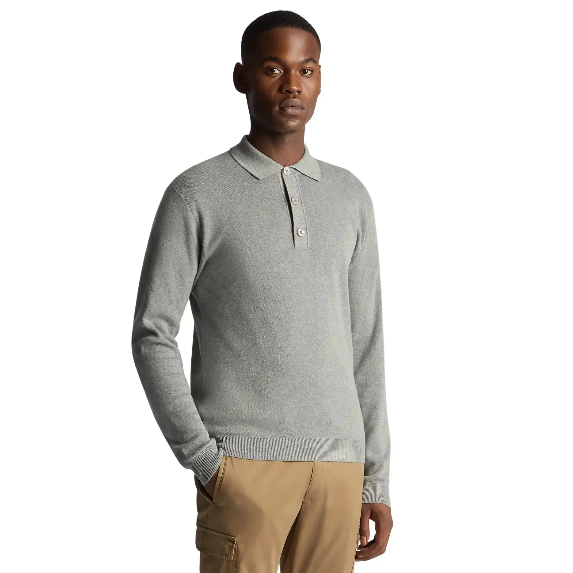 3-Button Long-Sleeve Polo - Grey