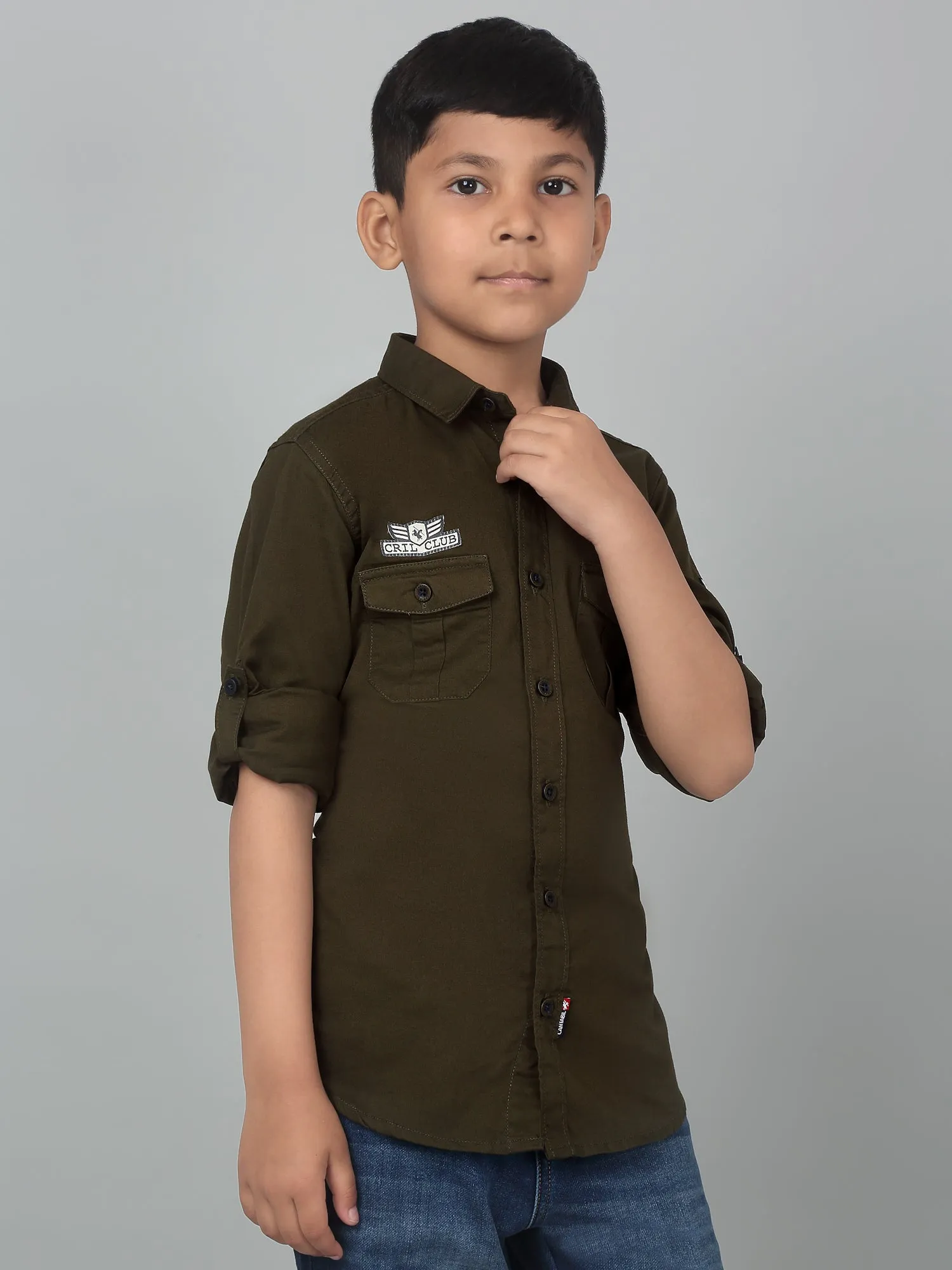 Boys Casual Olive Green Full Sleeve with Tab  Shirt