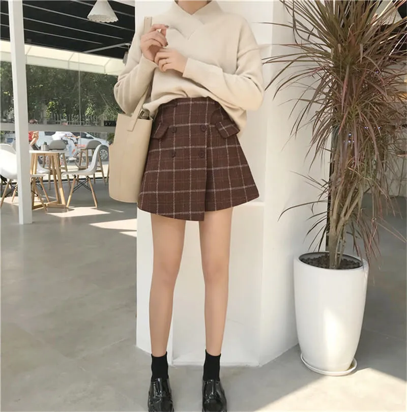 Dark Academia Plus Size Brown Plaid Woolen Skort