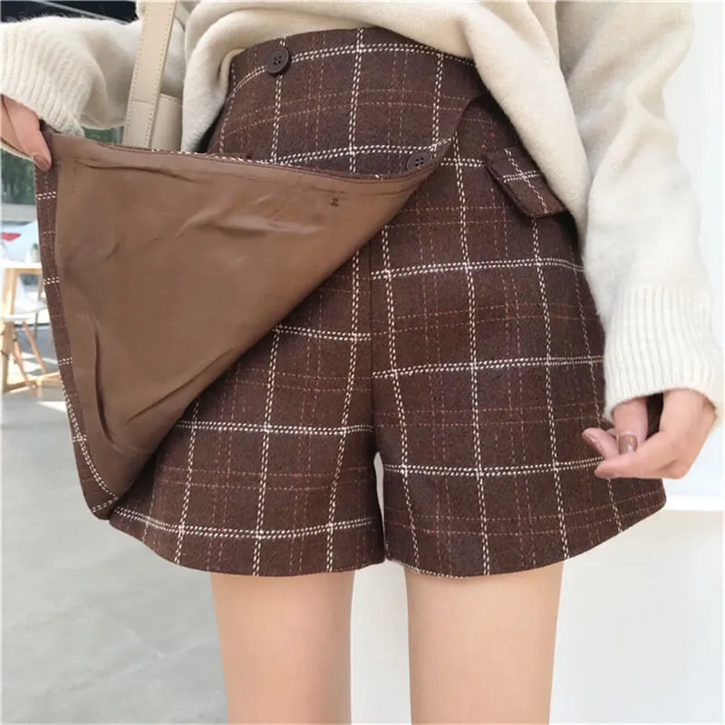 Dark Academia Plus Size Brown Plaid Woolen Skort