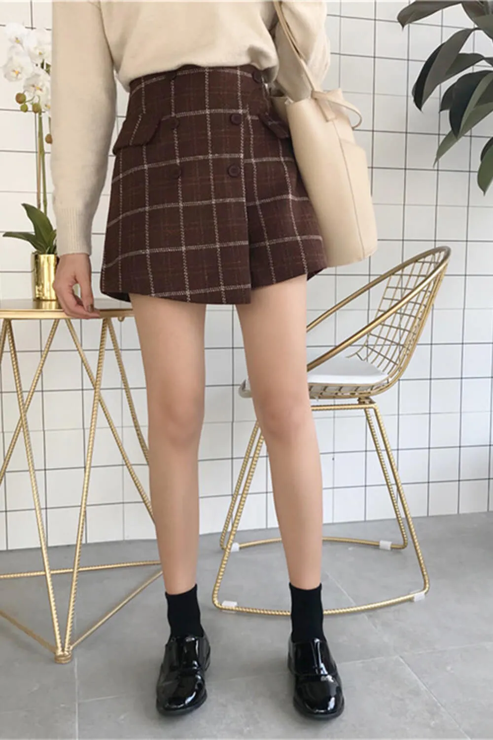 Dark Academia Plus Size Brown Plaid Woolen Skort