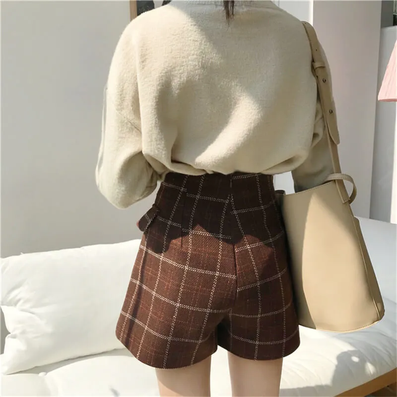 Dark Academia Plus Size Brown Plaid Woolen Skort