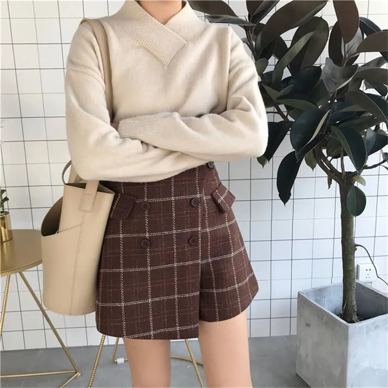 Dark Academia Plus Size Brown Plaid Woolen Skort