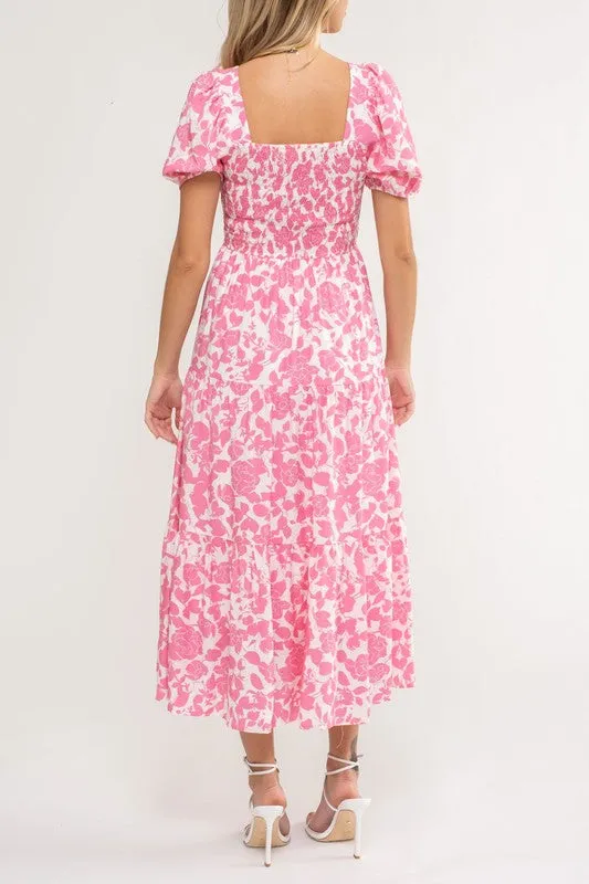 FLORAL SQUARED NECK SHORT SLEEVE MIDI DRESS