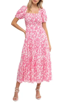 FLORAL SQUARED NECK SHORT SLEEVE MIDI DRESS