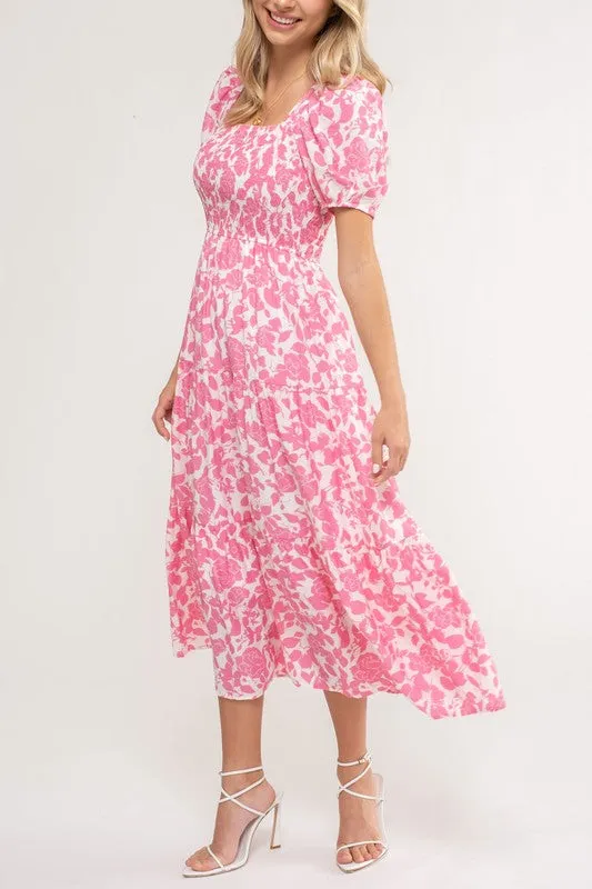 FLORAL SQUARED NECK SHORT SLEEVE MIDI DRESS