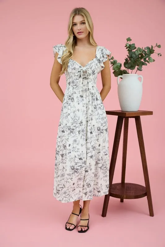 FLORAL SWEETHEART FRONT TIE MIDI DRESS
