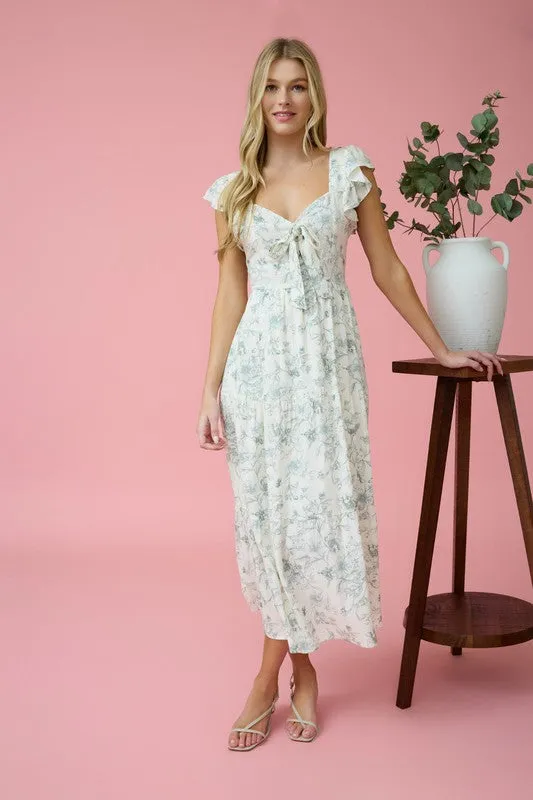 FLORAL SWEETHEART FRONT TIE MIDI DRESS