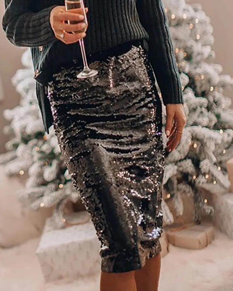 High Waist Sequins Skinny Skirt