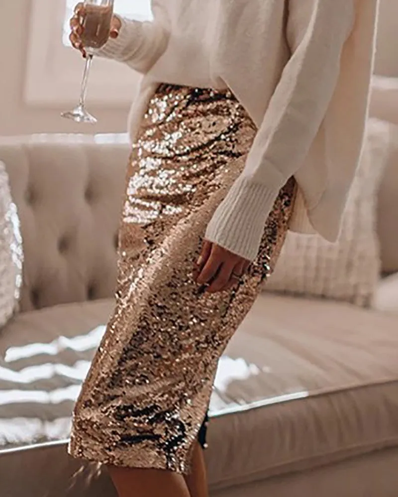 High Waist Sequins Skinny Skirt