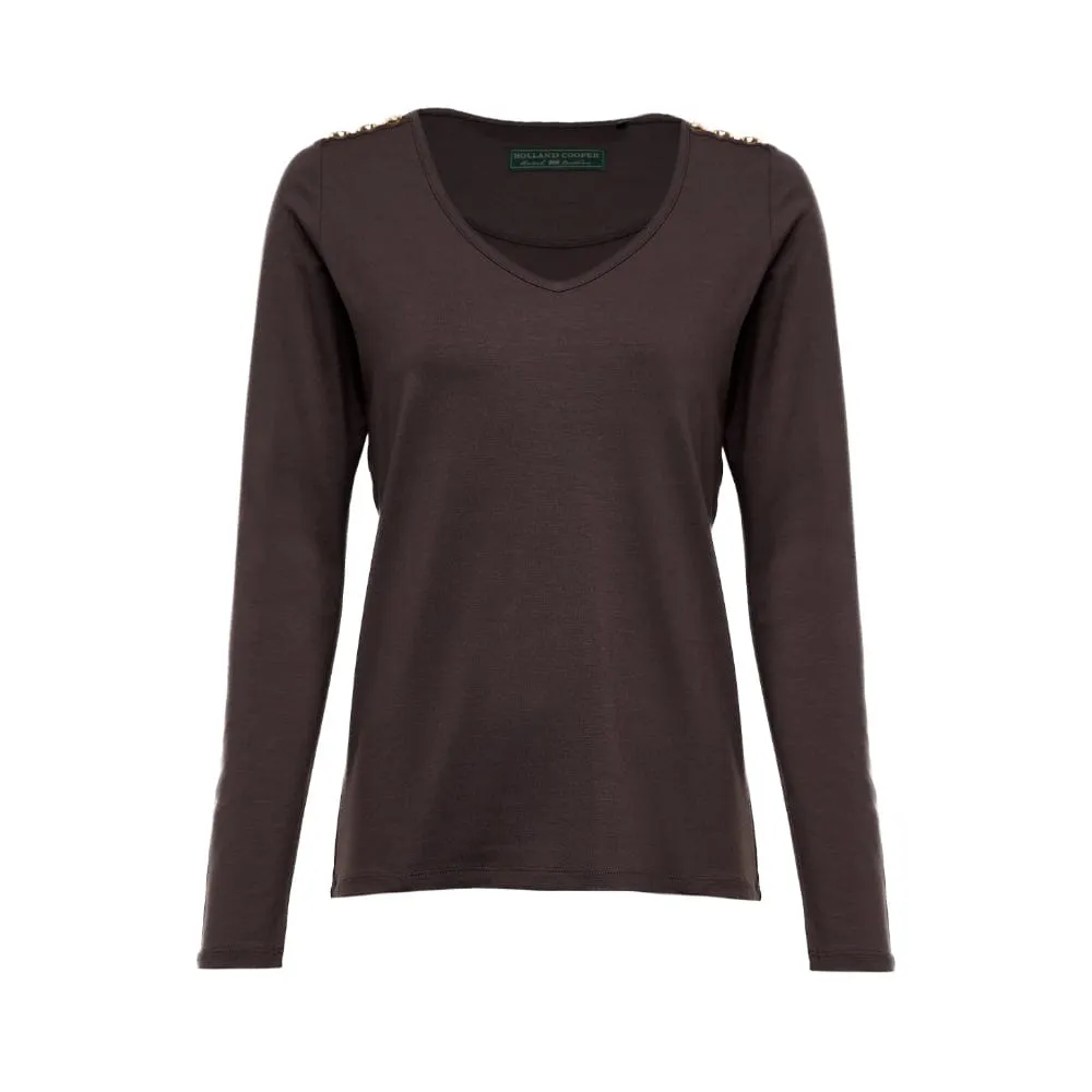 Holland Cooper Long Sleeve V-Neck Tee in Coffee