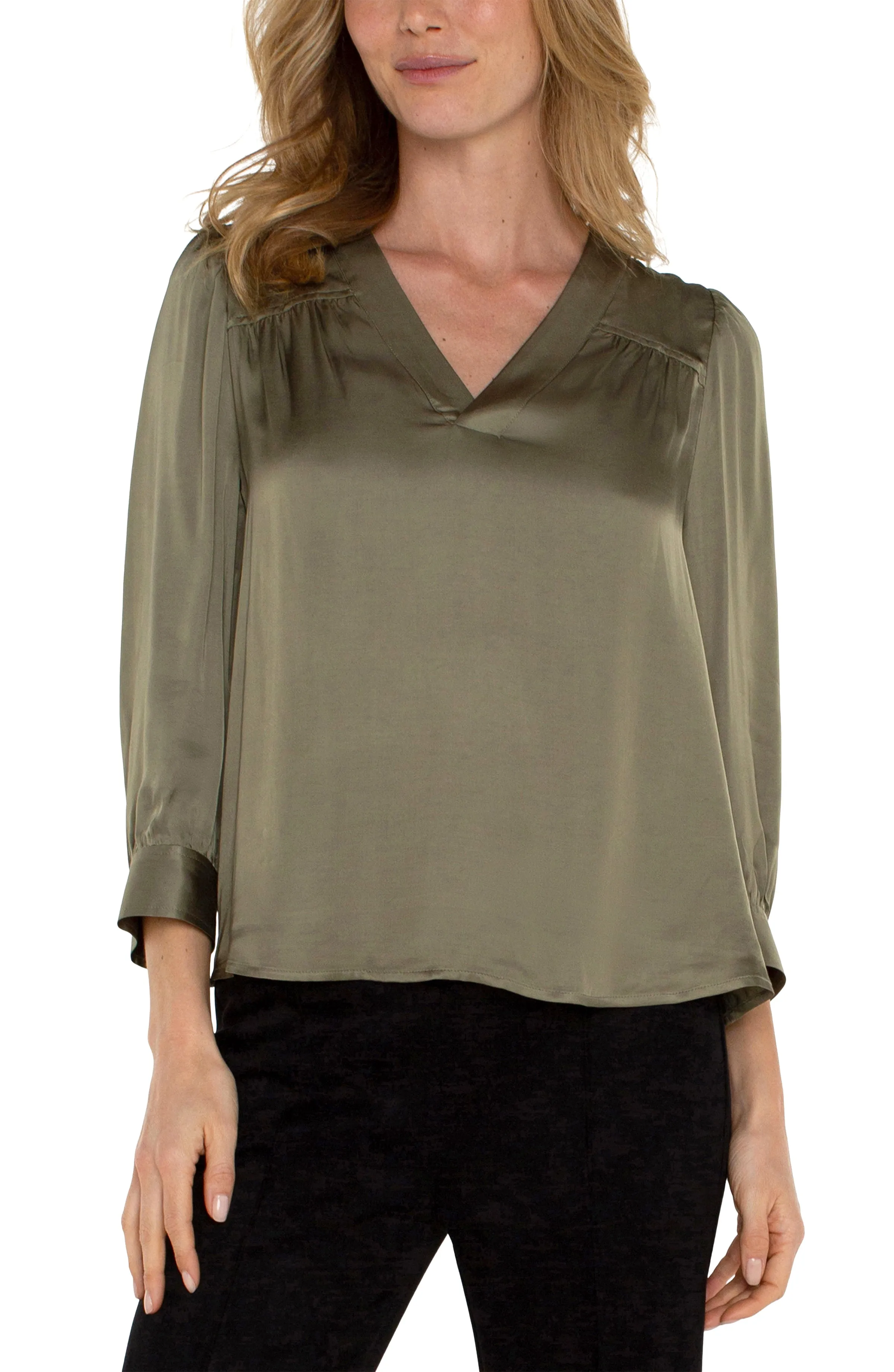 Long Sleeve Pleated Neck Blouse