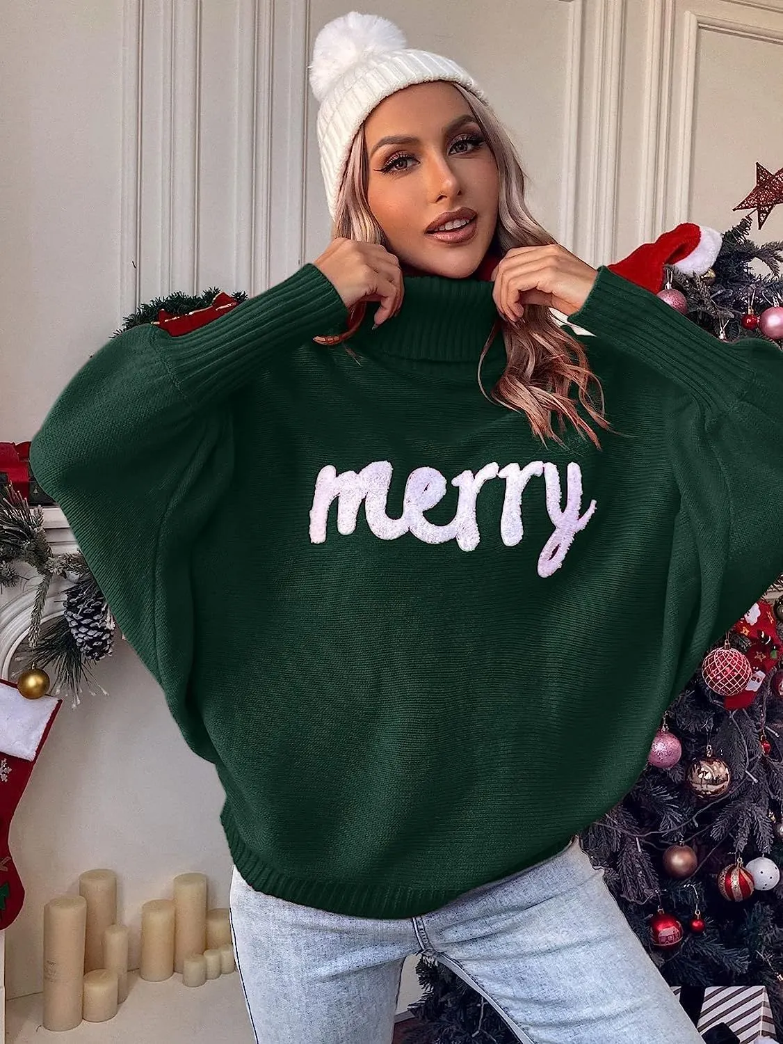 Merry Christmas Turtleneck Long Sleeve Sweater