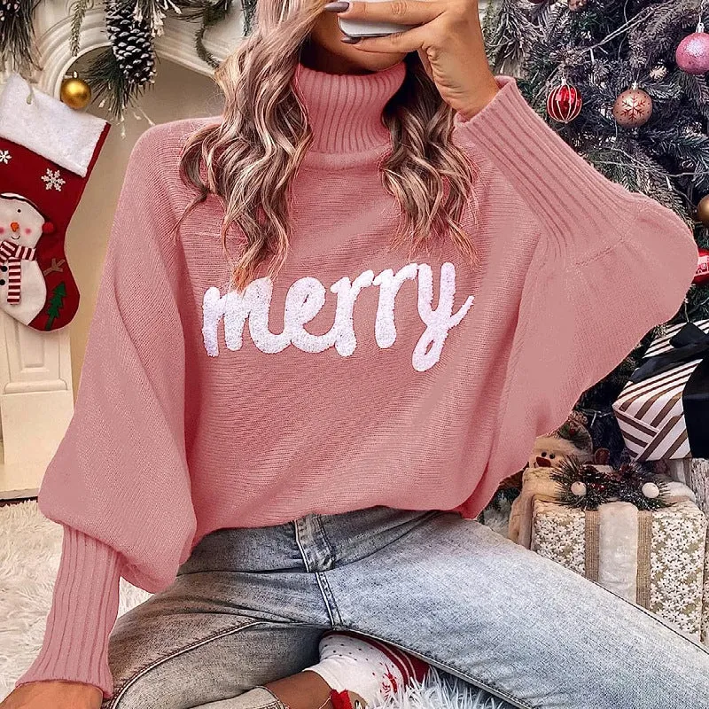 Merry Christmas Turtleneck Long Sleeve Sweater