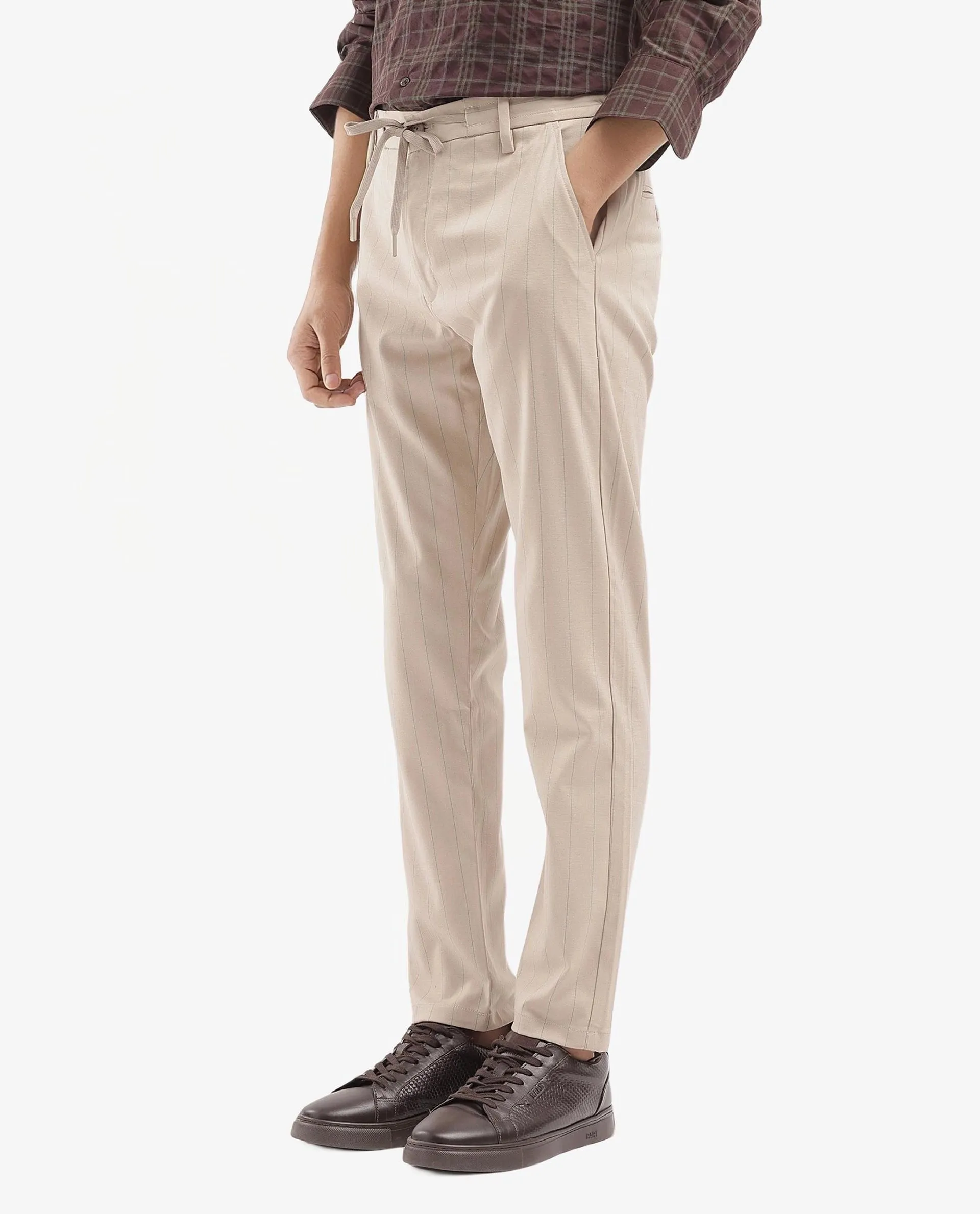 Rare Rabbit Men Nelo Beige Striped Drawstring Closure Mid-Rise Regular Fit Trouser