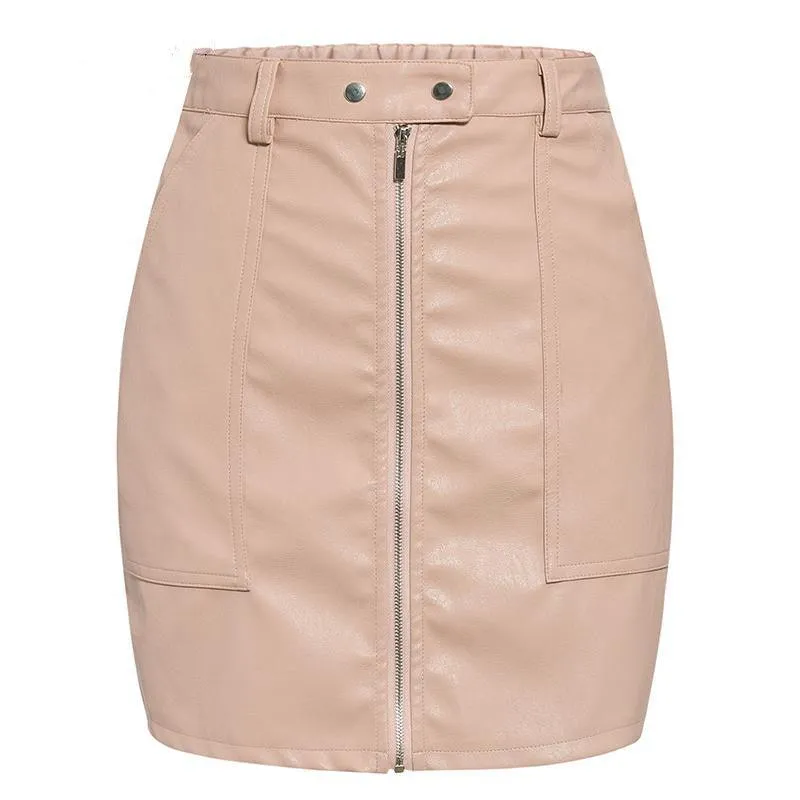 Short Solid Color Leather Skirt
