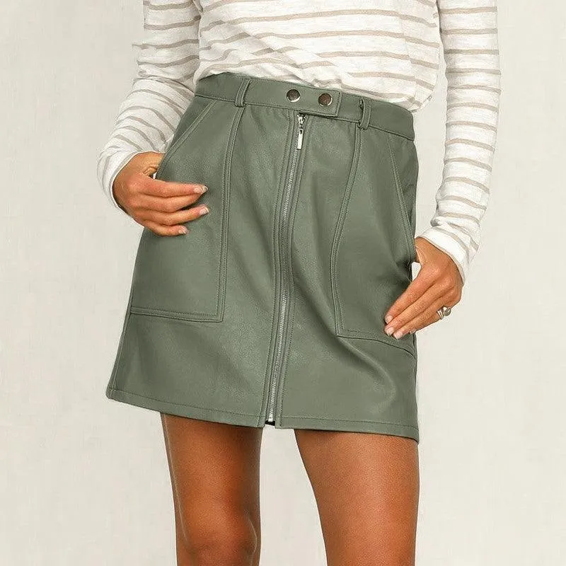 Short Solid Color Leather Skirt